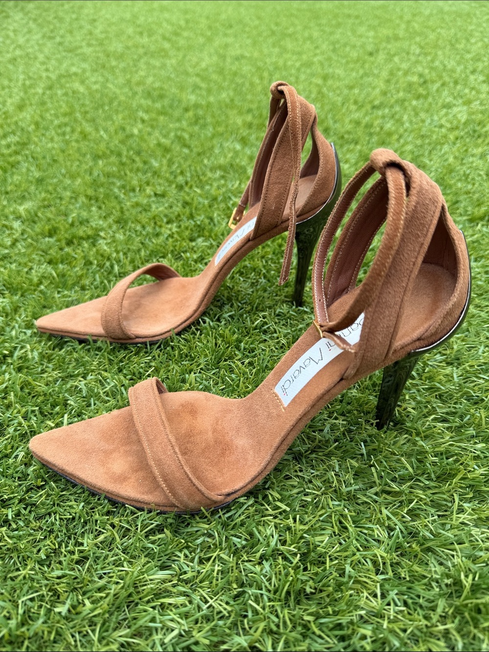 Suede Tan Ankle-Wrap Stiletto Heels - Women
